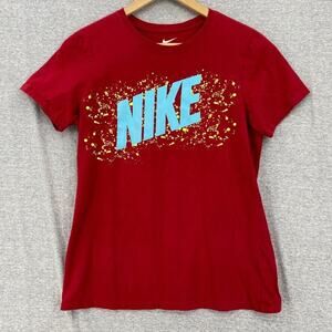 The Nike Tee Shirt Womens Large Red Blue Letters Short Sleeve Athletic Cut